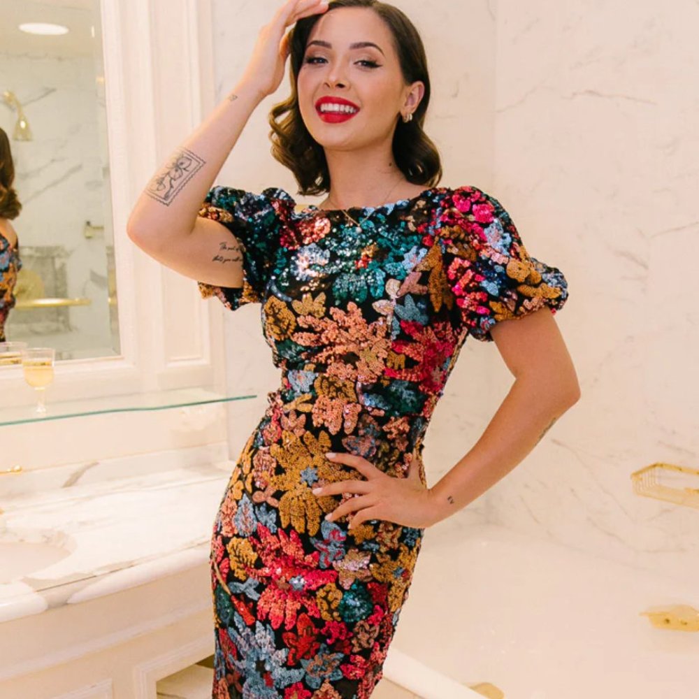 Ivy City Co Showstopper Cocktail Dress NWT Multi Colored Floral Sequins size M